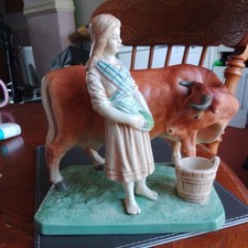 Antique HAND PAINTED C1820 STAFFORDSHIRE CERAMIC BROWN COW AND MILKMAID 7 1/2”