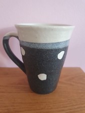 Hand Made Studio Pottery Mug Coffee Or Tea Cup Grey Blue Beige Polka Dots