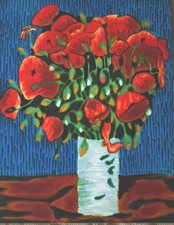 Ceramic Hand Painted Wall Hanging Tile after Van Gogh Red Poppies in Vase. Large