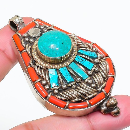 Turquoise red coral pendant - red,