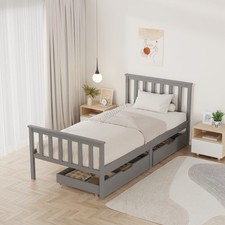 Wood Single Bed Frame with Pull Out Storage Drawers Kids Adults Small Home Grey 