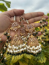 Sahara jhumka tikka set_Green  Beaded pearl Wedding