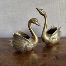 Pair Vintage Solid Brass Swan Planters Mid Century Plant Pot