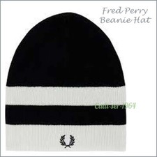 Fred Perry Beanie Hat Men's Black and White Striped Cap NEW