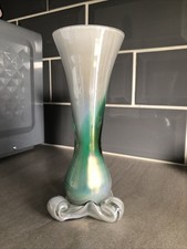 Murano Style Cased Art Glass Bud Vase with Scroll Feet. Green & White. 7.25”tall