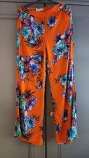 Morgan Bright Orange Wide Leg Trousers with coloured flowers, Size 40