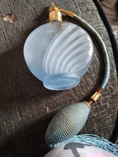 Vintage Pale Blue Frosted Glass Art Deco Perfume Bottle with Atomiser. No Chips