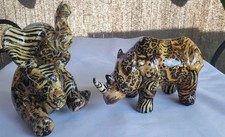 Pair La Vie Collage Glazed Ceramic Patchwork Safari Animals Rhino Elephant