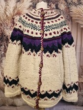 Vintage Rey Wear Ecuadorian 100% Wool Hand Knit Chunky Button Cardigan Oversized