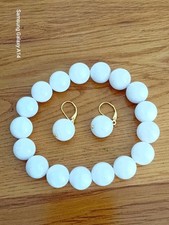 White Jadeite Jade Bracelet & Earrings Set Gold Vermeil Sterling Silver NEW 