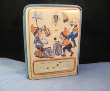KITSCH VINTAGE CHILDS ENAMEL TIN CASH COIN MONEYBOX PIGGY BANK GNOMES SAILOR