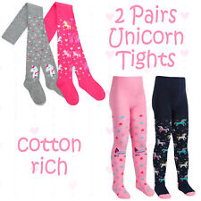 2 Pairs Kids Girls Tights Soft Cotton Rich Unicorn Design Pink Grey 2-8 Years UK