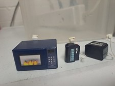 Modern Dolls House Kitchen Items. Microwave, Kettle + Toaster, Blue. 12th Scale
