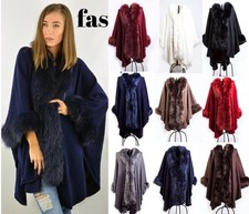 Womens Faux Fur Poncho Fleece Faux Fur Trim Collar & Cuffs Ladies Cape Wrap Coat
