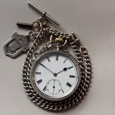 Sterling Silver English Pocket Watch with Sterling Silver Chain & Fob - Serviced