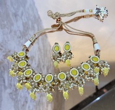 Indian Fashion Choker Style Kundan Necklace Earrings Ethnic Woman Jewelry Set