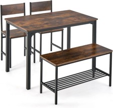 Dining Table and 2 Chairs with Bench, 4PCS Wooden Dining Room Set with Storage