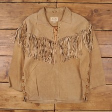 Vintage Scully Leather Jacket L 90s Western Fringe Overshirt Beige