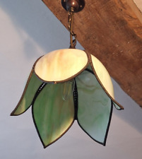 Vintage Stained Glass Jade Green Slag Lotus Flower Hanging Pendant Lamp Light