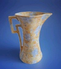 Rare Find Art Deco Double Geometric Handle Pottery Jug Vase - Ochre & Blue