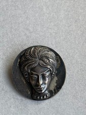Vintage-Style Art  Brooch Lady Face Portrait Silver Tone Marcasite Look