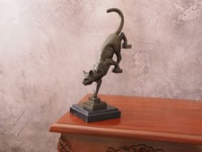 Bronze Sculpture 'Cat On Stair' – Signed, Handmade, Marble Base