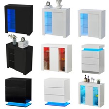 High Gloss Cupboard Cabinet Display Sideboard Storage With Door Glass LED Light