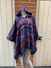 Blue Burgundy Aztec Mexican Hooded Button Through Fringed Poncho One Size