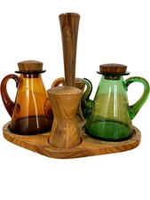 Vintage Oliv-art Spain Olive Wood Salt Pepper Multicoloured Glass Oil Vinegar Di
