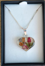 MADE WITH REAL FLOWERS DRIED RESIN HEART PENDANT NECKLACE ON 925 SILVER CHAIN