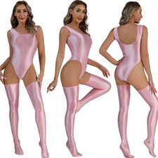 Womens Wetlook Shiny Bodysuit Lingerie Catsuit Tank Romper Top / High Stockings