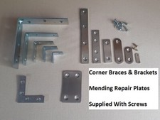 CORNER Angle Brackets Braces & Straight Repair Mending Plates - With Screws