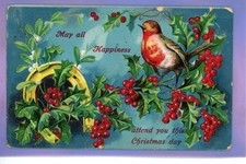 1913c HOLLY BERRY ROBIN MISTLETOE CHRISTMAS GOOD LUCK WISH EMBOSSED POSTCARD