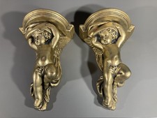 VINTAGE LARGE CHALKWARE GOLD CHERUB WALL LIGHTS/PLAQUES 