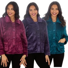 Ladies Fleece Embossed Buttoned Bed Jacket Lounge Top Sizes S-XL