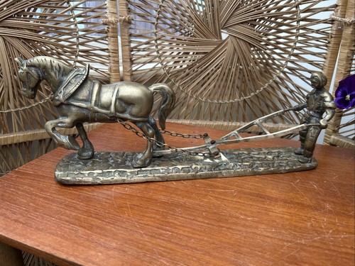 Vintage brass horse - brass, plough