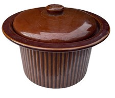 Vintage Brown Lidded Stone Crock Pot Casserole Dish Cooking Kitchen Utensils