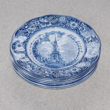 6 x Vintage Staffordshire Liberty Blue 10 Inch Dinner Plates - Independence Hall