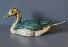 Vintage Green and white duck with brass head and tail, solid brass VGC