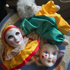 Vintage Porcelain Clown Doll Collection Mime Retro Joblot Satin Hand Painted