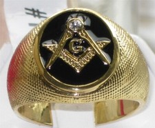 Masonic gold ring onyx signet pinky 18kt oval black steel diamond all size 1403