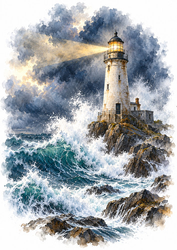 Stormy lighthouse and raging - stormy,