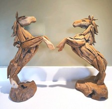 Pair Of handmade Teak Rearing Horses Ornaments. Driftwood Reclaimed 
