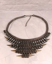 Statement Collar Necklace Gun Metal Spikes & Beads Goth Punk Black Grey VGC