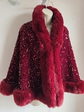 Red Sequin Cape Jacket with Faux Fur Collar & Cuffs Glam Shrug One Size