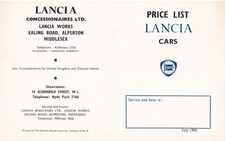 LANCIA CARS UNFOLDED UK PRICE LIST, JULY 1965, INCLUDES ZAGATO PRICES.