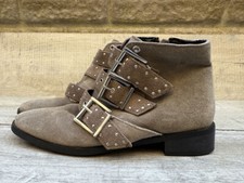 Womens TopShop Taupe Suede Leather Biker Ankle Boots 3 Buckles Size 5 38