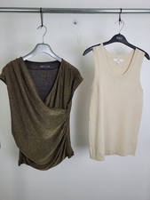 M&S Women's 2pcs Bundle Tops Size 12 Gold Metallic Rib Vest Ruched Side New F2