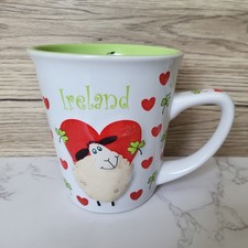 John Hinde IRELAND Ceramic Mug Embossed Sheep / Heart, Shamrock White Green Red