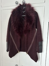 River Island Faux Fur Trim Knitted Cardigan - Deep Purple Plum Size 10